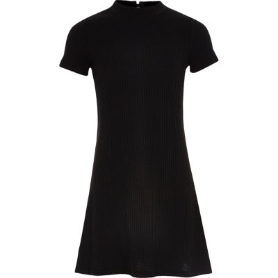 Girls black ribbed fit and flare dress